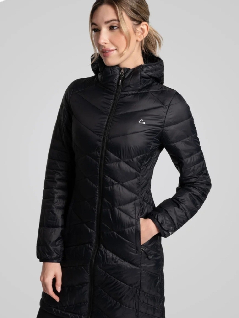 Women's Tricia Hooded Black Light Puffer Primaloft Long Jacket Size XL